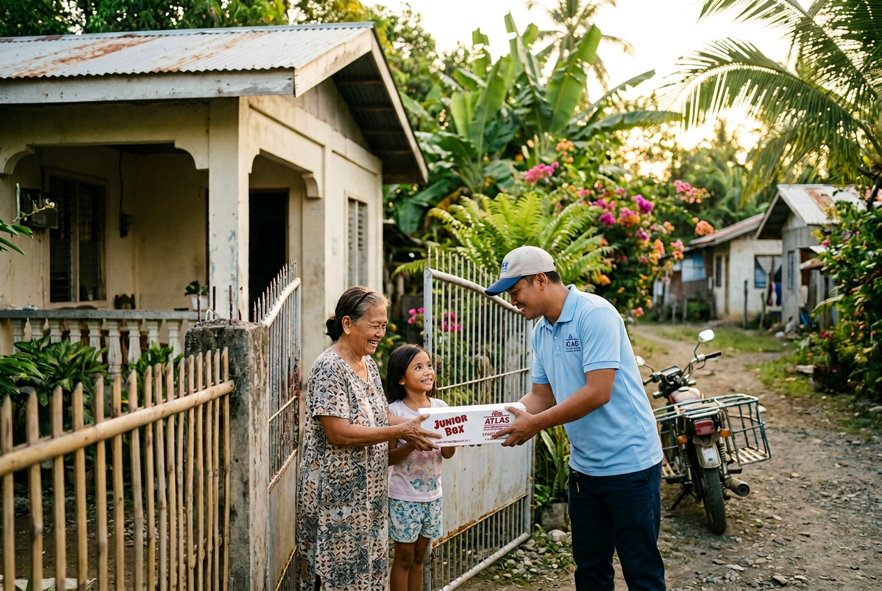 Atlas Shippers courier handing a Junior balikbayan box to a family in the Philippines