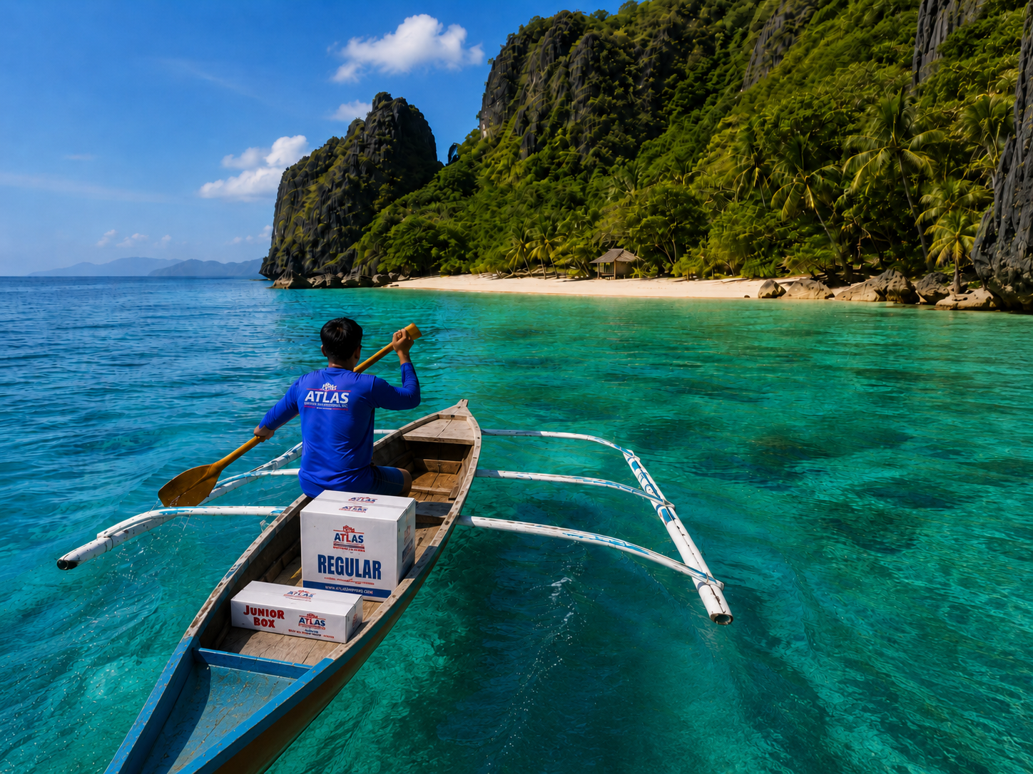 Atlas Shippers courier rowing a banca boat loaded with balikbayan boxes toward a Philippine island beach